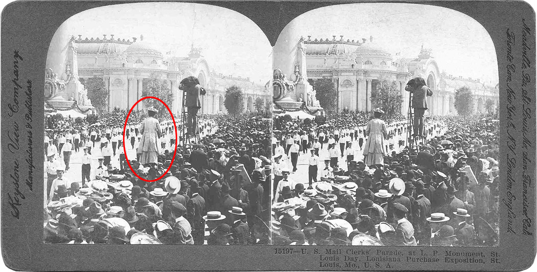 <p>In this Keystone View Company stereograph card from the Fair, Beals can be seen photographing the U.S. Mail Clerks parade from atop her step ladder.</p>
