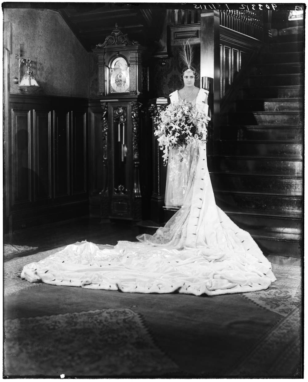 <p>Portrait of Myrtle Lambert, Veiled Prophet Queen with bouquet</p>
