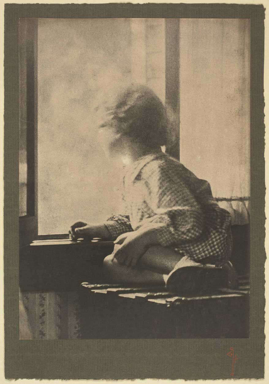 <p>A boy, between 2-4 years old, sits on trunk, looking out a window. Name is variously spelled on verso of photographs: Alan MacMath; Allan McMath. Signed: Grace Parrish.</p>
