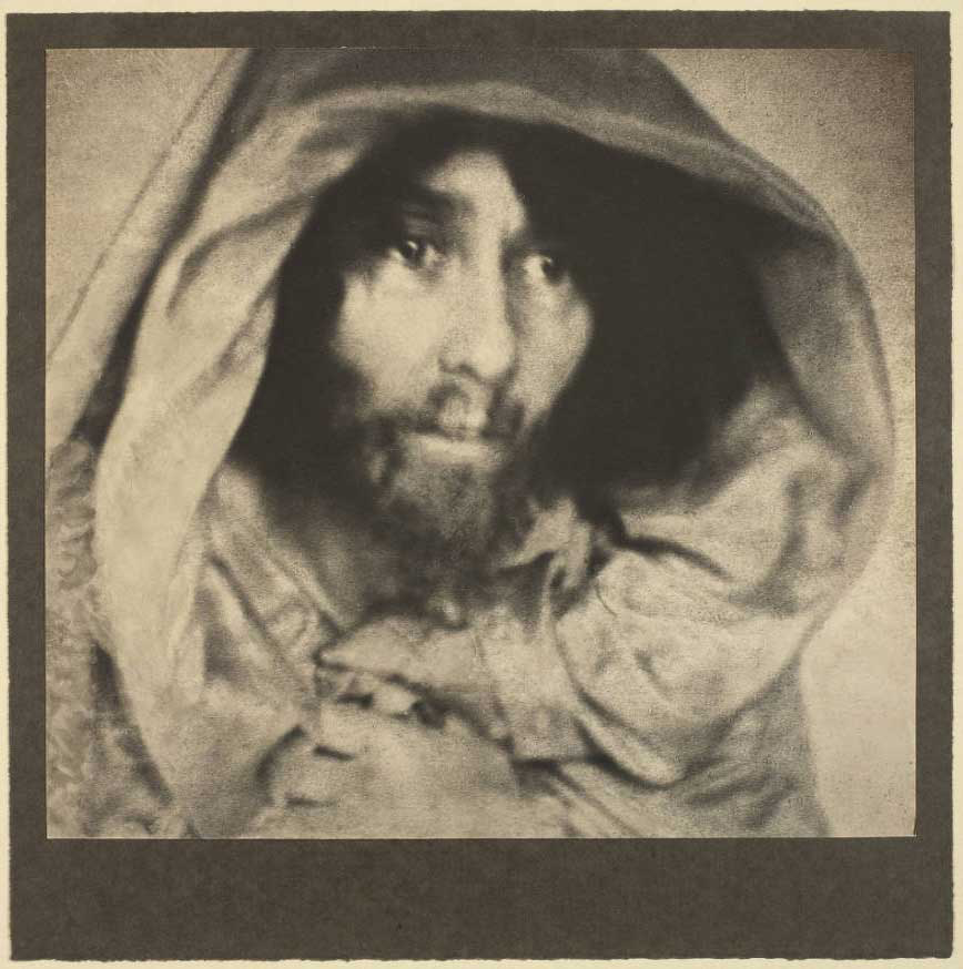 <p>Portrait of English actress Constance Crawley (1870-1919) costumed in cowl and beard. Crawley toured the United States and made four films in Hollywood before her death.</p>
